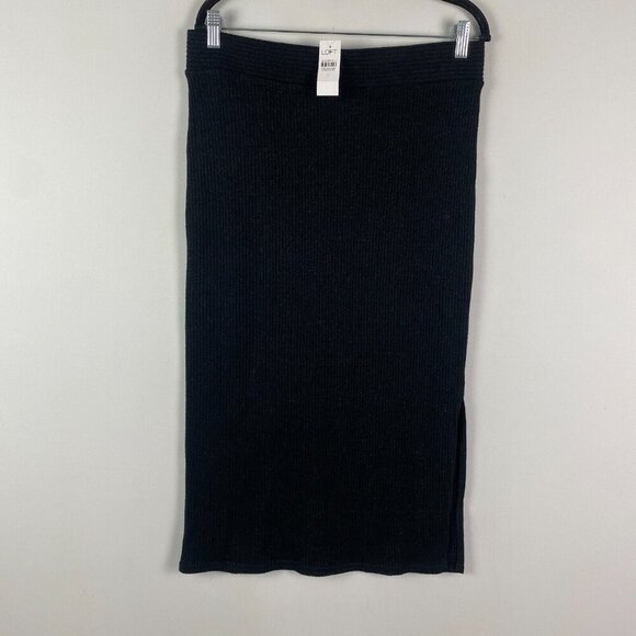 Loft Shimmer Ribbed Midi Skirt Size Large Black Side Slit Pull On - Picture 1 of 12